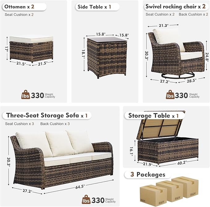 7 Pieces Patio Furniture Set with Swivel Chair, Outdoor Patio Conversation Set, Patio Sectional Furniture Set with 2 Swivel Rocker Patio Chair and Sofa, 2 Ottomans and Coffee Table (Brown)
