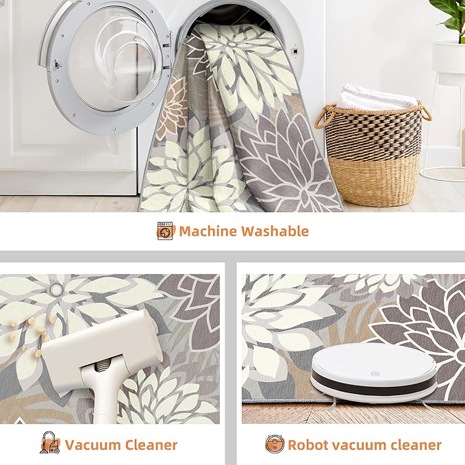 Indoor Outdoor Area Rug Washable Multicolored Patio Rug Tropical Botanical Modern Floral Indoor Outdoor Carpet Brown White Rug Non Slip Non Shedding for Patio, Deck, Backyard, Porch (8x10)