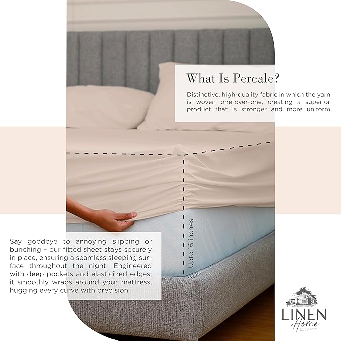 Linen Home 100% Cotton Percale Sheets Queen Size, Sand Shell, Deep Pocket, 4 Pieces Set - 1 Flat, 1 Deep Pocket Fitted Sheet and 2 Pillowcases, Crisp Cool and Strong Bed Linen