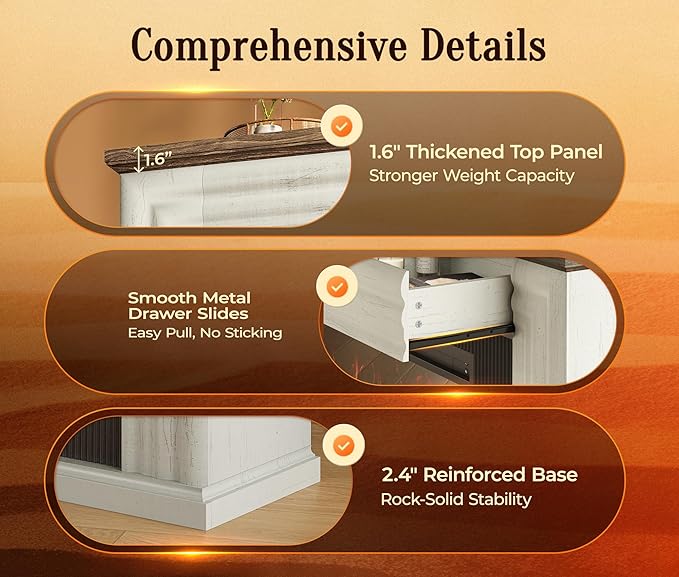 PRAISUN 70'' Fireplace TV Stand with 42'' Electric Fireplace, Farmhouse TV Stand for 65 75 Inch TV, Entertainment Center TV Console with 3 Drawers, Fluted Design, for Living Room, Distressed White