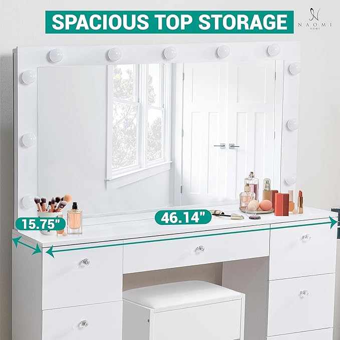 Naomi Home 46" Vera Vanity Set – Makeup Desk with Mirror, 11 LED Lights, Adjustable Brightness & 3 Lighting Modes – Includes Chair and 7 Storage Drawers
