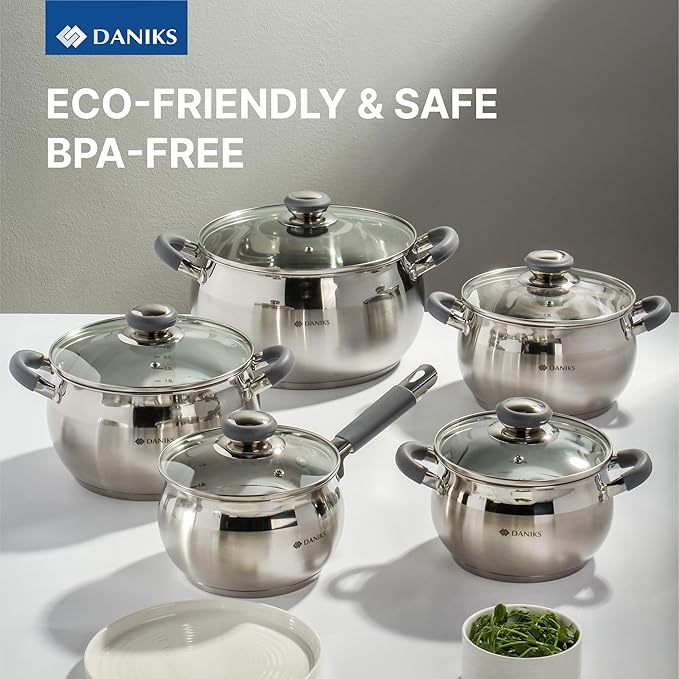 Daniks Modern Stainless Steel Stock Pot with Glass Lid – Induction 7 Quart, Dishwasher Safe, Heatproof Handles, For Soup, Pasta, Stew, Silver