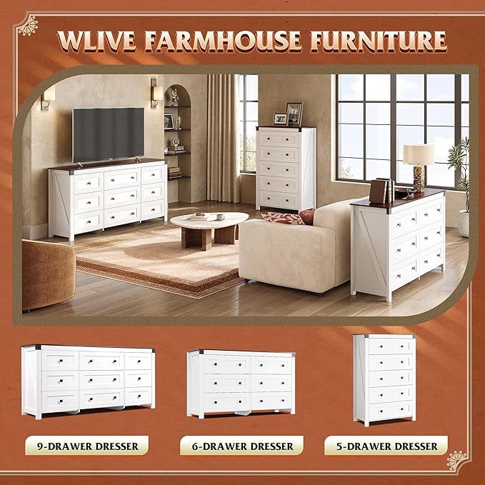 WLIVE Farmhouse 6 Drawer Dresser for Bedroom, 53.07'' Wide Wood Dresser, White Dressers Storage Organizer with Double Rustic Handle, TV Stand for 60 inch TV, Chest of Drawers for Living Room, Hallway