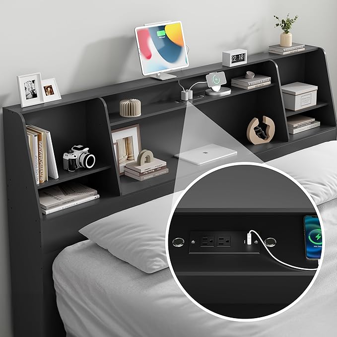 King Size Headboard Only, Wood Bookcase with Charging Station & 2 LED Lights for King Bed, Stylish Height Adjustable with Ample Storage for Bedroom, Noise-Free, Black