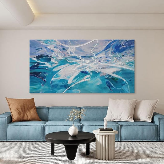 Blue Abstract Wall Art Modern Canvas Wall Paintings White Abstract Art for Living Room Pictures for Bedroom Wall Decor Office Home Decor Framed Artwork for Walls 29×58IN