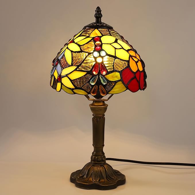 Tiffany Lamp Rose Flower Stained Glass Table Lamp for Bedroom,3 Colors Temperatures Nightstand Bedside LED Home Office Desk Lamp 8X8X14 Inch Tall Small Accent Table lamp for Living Room Hotel