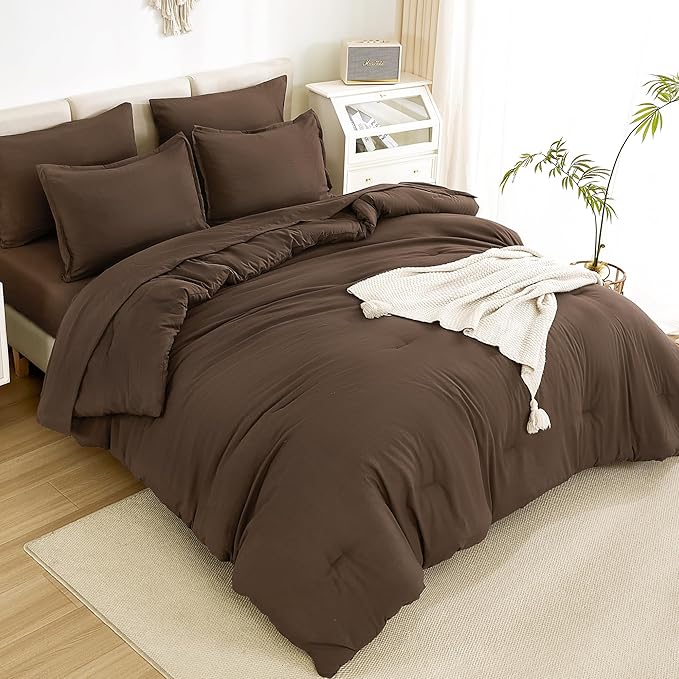 Litanika California King Comforter Set Brown - 7 Pieces Bed in a Bag Cal King Bedding Comforter Sets, Plain Lightweight Bed Set with Comforter, Sheets, Pillowcases & Shams