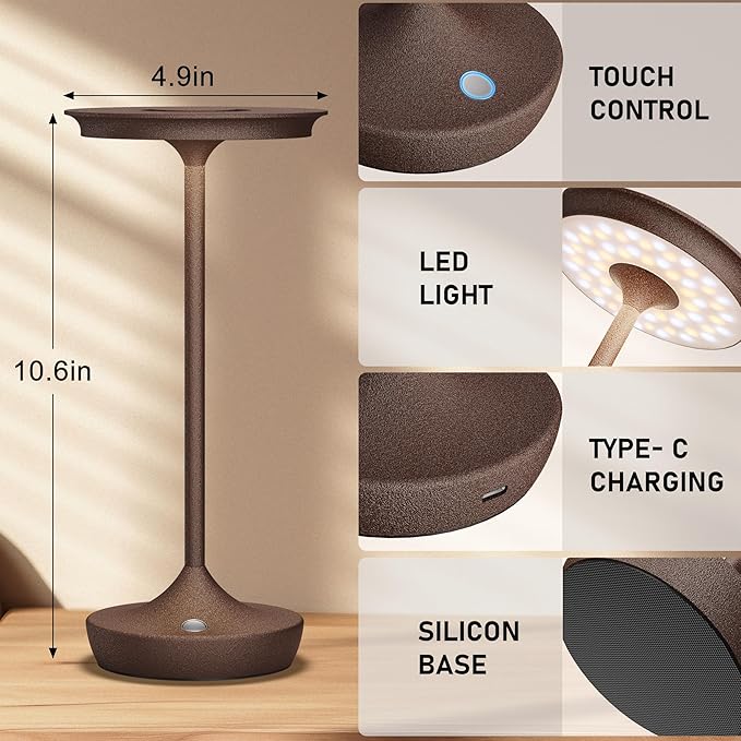 LED Rechargeable Cordless Table Lamps, Portable Outdoor Battery Operated Table Light 3 Color Stepless Dimming Table Lamp with Memory Function for Patio Restaurant Dining Room Rust