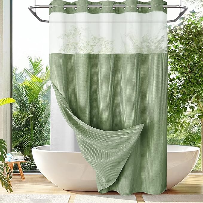 YellyHommy No Hook Shower Curtain with Snap in Liner Set Less Time Sage Green Waffle Shower Curtain for Bathroom 75" L x 72" W