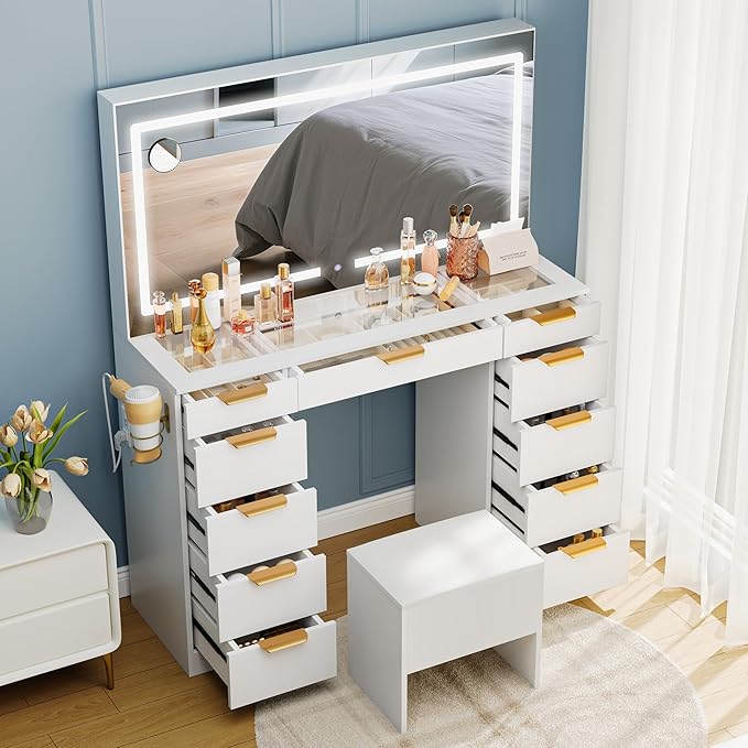 Pamapic Glass Top Vanity Desk with Mirror and Lights, 11 Drawers Makeup Vanity with Charging Station and Chair, Golden Handles Dressing Table, 3 Lighting Modes Makeup Table, White
