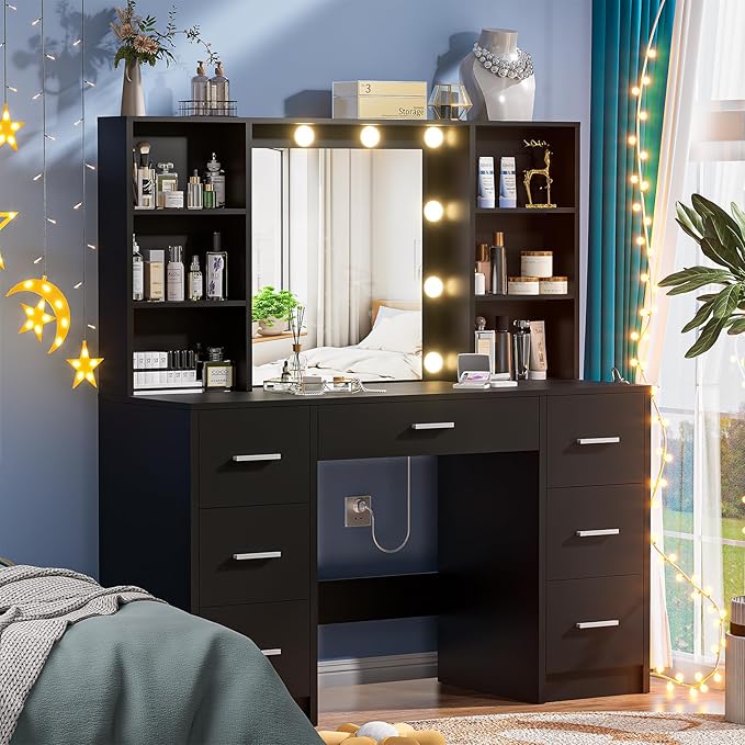 Large Vanity Desk with Mirror and 10 Lights, Makeup Vanity Table with Power Outlet, 7 Drawers and 6 Storage Shelves, Makeup Vanity Desk Dressing Table with 3 Lighting Modes for Bedroom (Black)