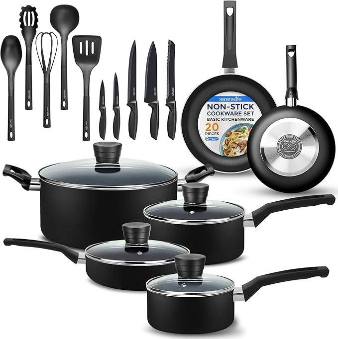 20-Piece Nonstick Kitchen Cookware Set - PTFE/PFOA/PFOS Free Heat Resistant Lacquer Kitchen Ware Pots Pan Set w/Bakelite Handles, Saucepan, Frying Pans, Lid, Knife Set - SereneLife SLCW20BLK (Black)