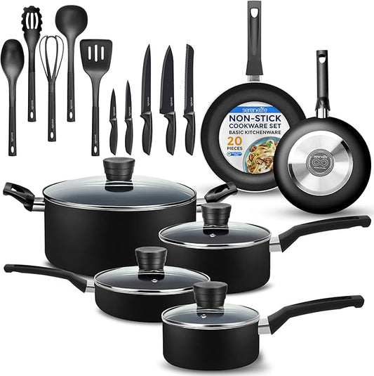 20-Piece Nonstick Kitchen Cookware Set - PTFE/PFOA/PFOS Free Heat Resistant Lacquer Kitchen Ware Pots Pan Set w/Bakelite Handles, Saucepan, Frying Pans, Lid, Knife Set - SereneLife SLCW20BLK (Black)