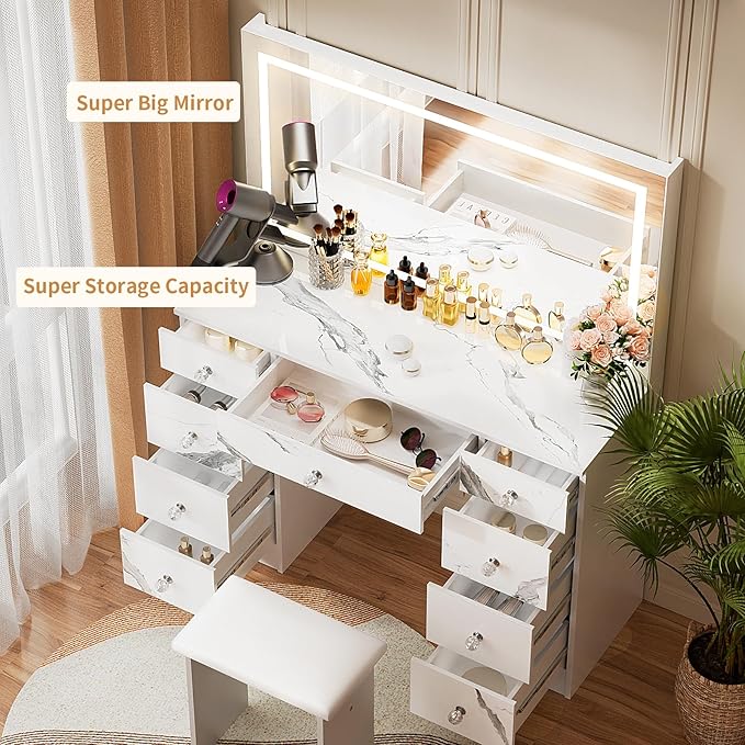 VOWNER Vanity with Lighted Mirror - Makeup Vanity Desk with Power Outlet and 9 Drawers, 3 Color Lighting Modes Adjustable Brightness, 43" Vanity Table with Soft Cushioned Stool for Bedroom, Marble