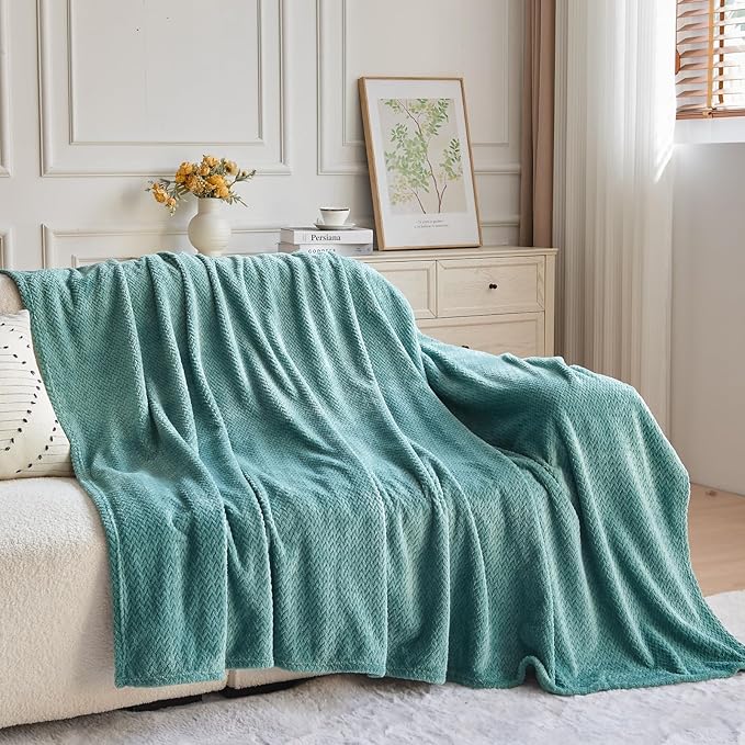 NEWCOSPLAY Super Soft Queen Blanket Light Teal Premium Silky Flannel Fleece Leaves Pattern Lightweight Bed Blanket All Season Use (Light Teal, Queen(90"x90"))