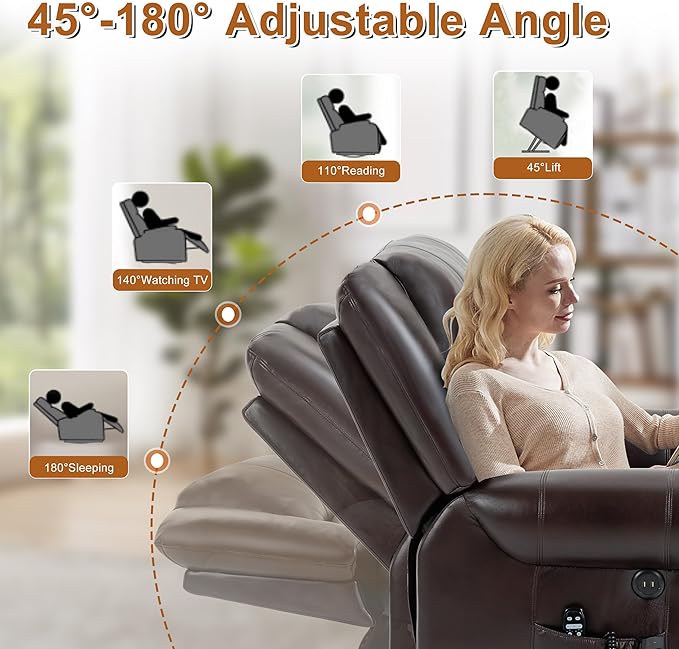 Power Lift Recliner Chair for Elderly, Dual Motor Massage Recliner with Lumbar Heat, Heavy Duty Motion Mechanism Lift Chair with Charge Ports, Faux Leather - Antique Brown