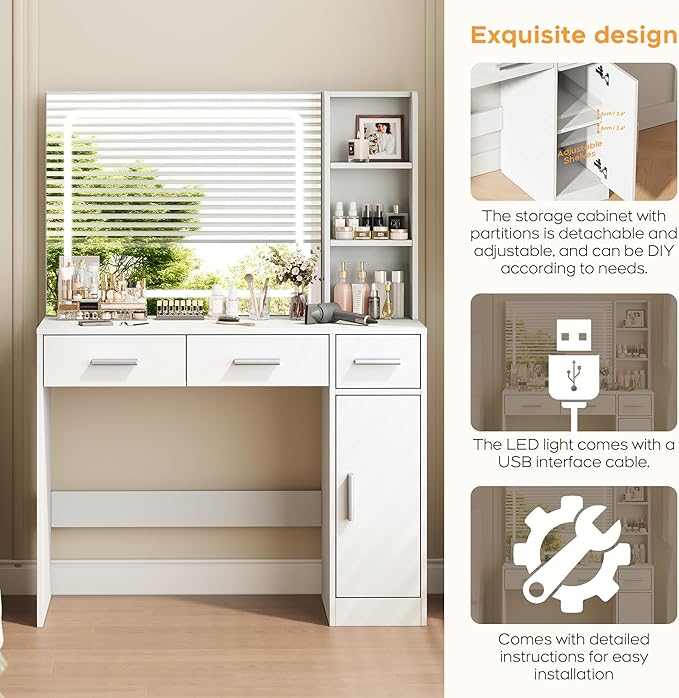 Newly Designed Smart Mirror Vanity Dresser, Soft and Non-Glaring Light，Makeup Vanity with Drawers for Bedroom Dressing Room, Women Girls (White)