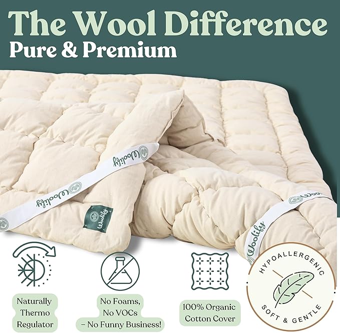 Organic Merino Wool Mattress Topper - Luxury Pillow Top Mattress Pad, Handmade, Non-Toxic, Cooling & Hypoallergenic, Natural Back Pain Relief, Sustainable Bedding (King)