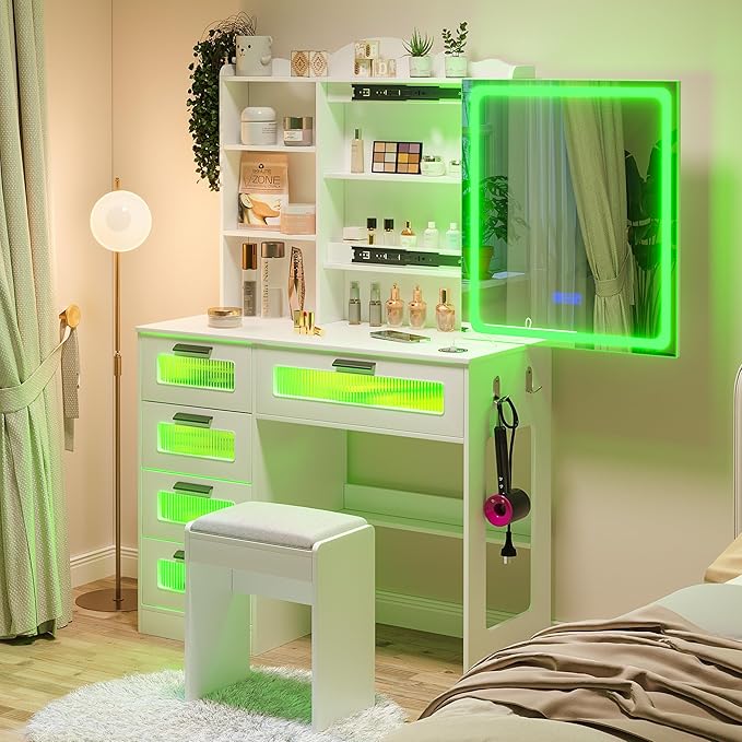 HNEBC Vanity Desk with Sliding Mirror and LED Lights, RGB Vanitys with Charging Station, Makeup Vanitys with Remote Control, White Dresser with Stool/Lager Drawers for Bedroom (White)