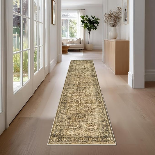 FMFUNCTEX 2x12 Runner Rug Brown Washable Vintage Neutral Distressed Non Slip Low Pile Indoor Carpet Retro Floral Hallway Entryway Rug for Kitchen Living Room Bedroom Bathroom Laundry Entry Bedside