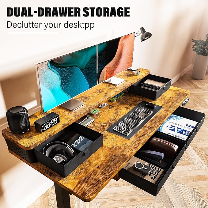 Electric Standing Desk with 4 Drawers 40''x 24'' Small Adjustable Height Sit to Stand Up Desk with Storage Shelf, C-Clamp Mount Compatible Black Home Office Desks Computer Desk Ergonomic Workstation