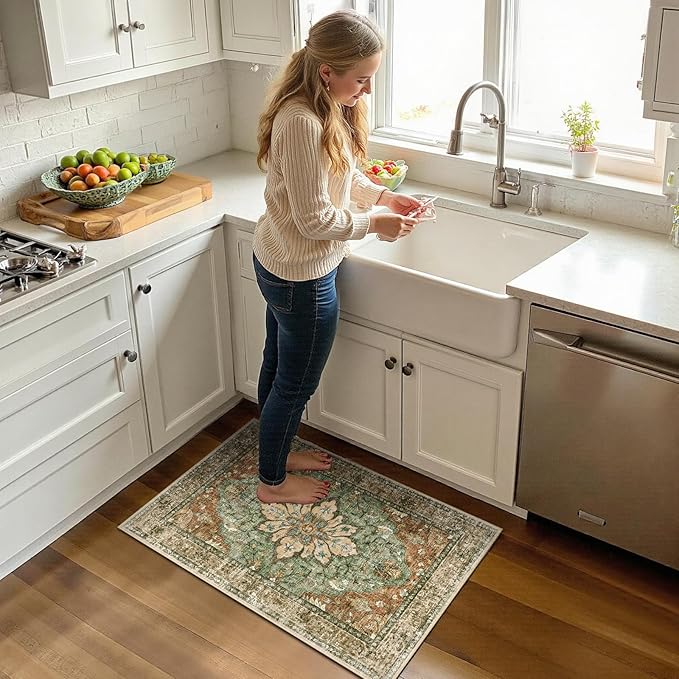 Area Rugs 2'x3' Washable Non-Slip, Floral Vintage Distress Print Pattern Medallion Carpet for Living Room Bedroom Dining Room, Brick Red Rust Neutral Brown Burnt Orange Green