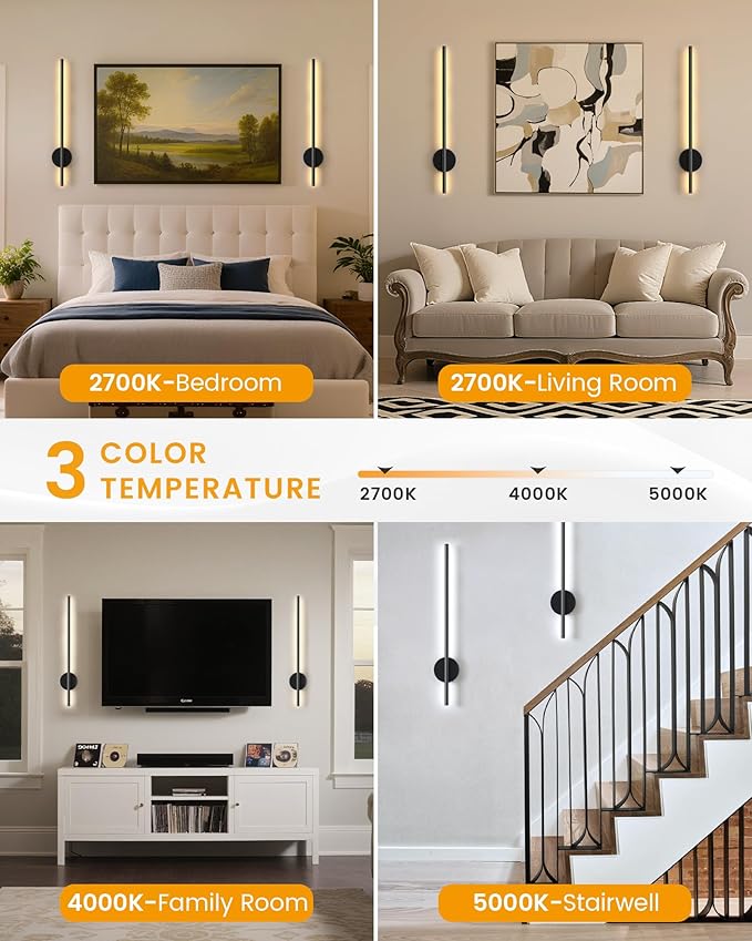 NIORSUN 27.6 Inch Battery Operated Wall Sconce Set of 2, Black Minimalism Rechargeable Wall Lights with Remote, 3CCT Dimmable Wireless Wall Lamp for Living Room Bedroom Hallway