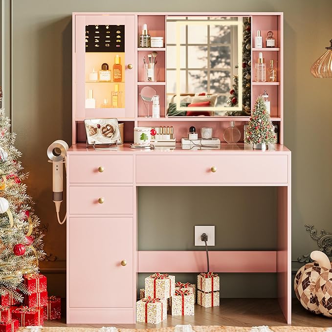 Vanity Desk with Mirror and Lights Makeup Vanity Desk with Lights 3 Colors 38" Dressing Table with Drawer and Cabinet for Bedroom Transparent Glass Top Power Outlet for Bedroom Pink