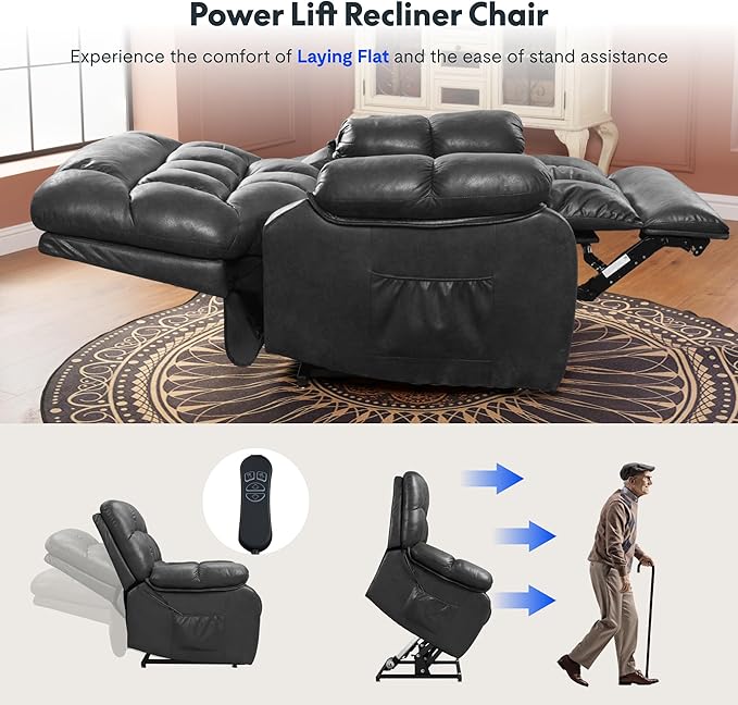 FLEXISPOT XL51 Dual OKIN Motor Power Lift Recliner Chair for Elderly, Lay Flat Electric Recliner with Massage & Heat, USB Ports, Faux Leather Reclining Sofa for Living Room Bedroom, Black