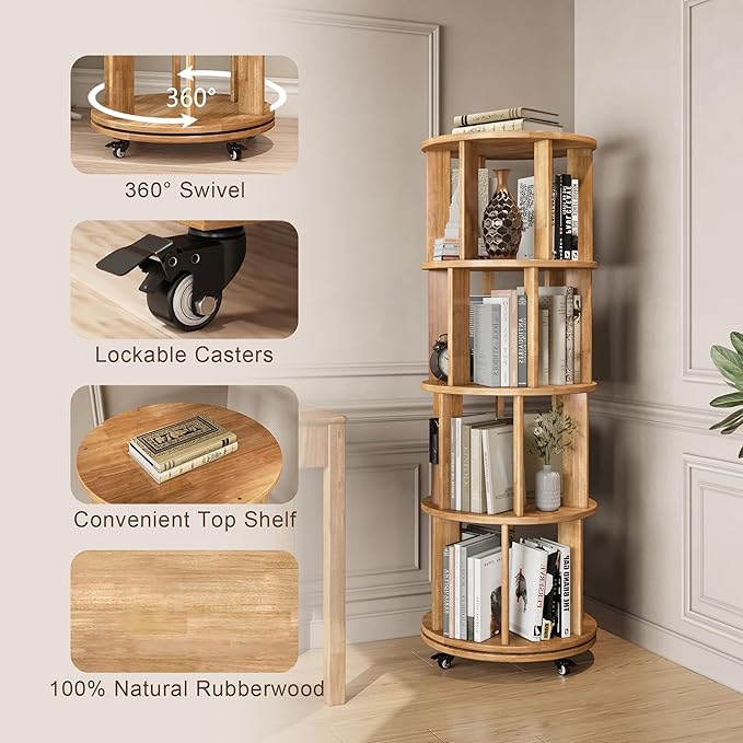 4-Tier Rotating Bookshelf, 360° Spinning Stackable Bookcase, Freestanding Bookshelf for Home Office Study Room Bedroom Living Room