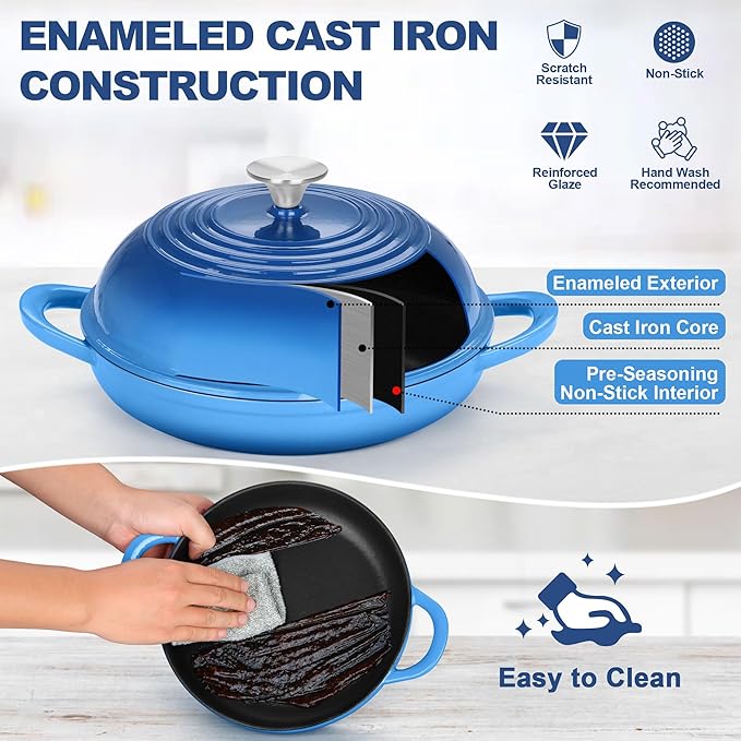 TeamFar Cast Iron Bread Dutch Oven, 6 Qt Enameled Dutch Oven Pot for Sourdough Bread Baking, with Tall Dome Lid & Round Base Pan, Self-Basting & Even-Heating, Heavy-Duty & Non-stick, Blue
