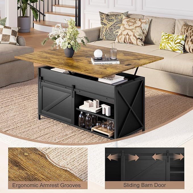 Lift Top Coffee Table with Storage and Sliding Door, 4 in 1 Multi-Function Convertible Tea Table with Hidden Compartment, Farmhouse Center Table with Wood Lift Tabletop for Living Room Black