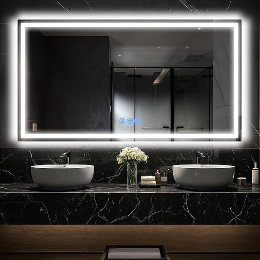 Antok 30"x 55" LED Bathroom Mirror with Lights, Anti-Fog, Dimmable, Lighted Vanity Mirror with Tempered Glass, Memory Function, 3 Light Modes, Safe Use, Horizontal, Vertical