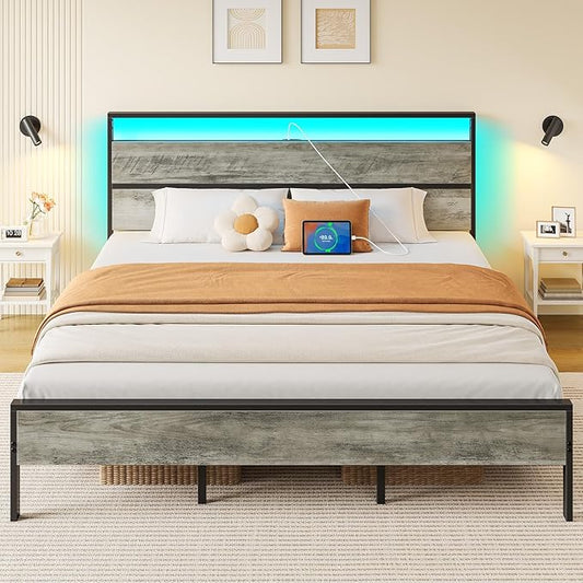 Rolanstar King Bed Frame with Headboard, Bed Frame King with LED Lights, Camas King Size Bed with Charging Station, Solid Metal Slats, Noise Free, No Box Spring Needed, Grey