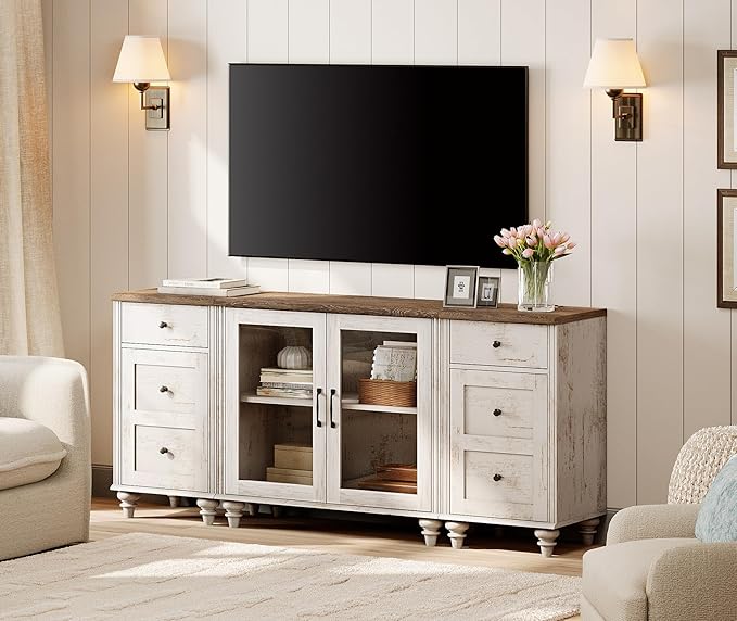 WAMPAT TV Stand for 75 Inch TV, Wood TV Cabinet Entertainment Center with Charging Station, Glass Door Buffet Cabinet for Dining Room, Rustic White