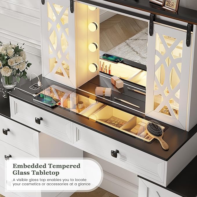 Farmhouse Makeup Vanity with Mirror & Lights, Large Vanity Desk with 5 Drawers & 9 Storage Shelves, Dressing Table with Jewelry Armoire, Vanity Gifts for Wife Girlfriends Women Lady Girl, White