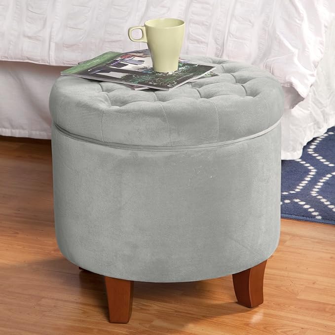 HomePop by Kinfine Fabric Upholstered Round Storage Ottoman - Velvet Button Tufted Ottoman with Removable Lid, Light Gray Small