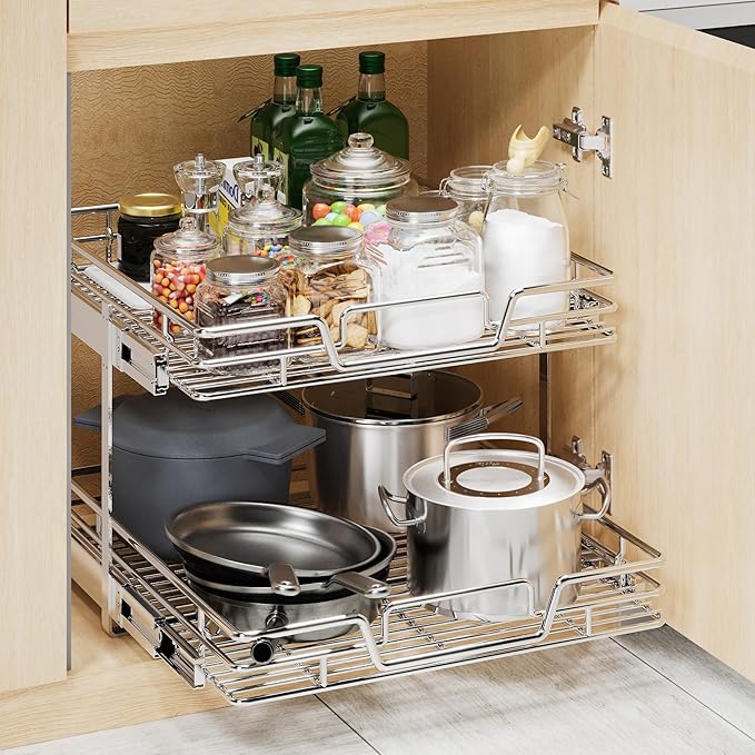 2-Tier Kitchen Cabinet Pull Out Shelf and Drawer Organizer Slide Out Pantry Storaqe Basket in Multiple Sizes (20" Wx 21" D,)
