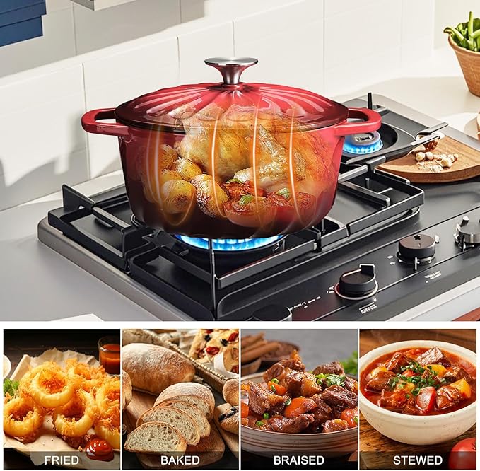 Enameled Cast Iron Dutch Oven with Lid, 6 QT Dutch Oven Pot for Bread Baking, Heavy Duty Cast Iron Pot for Braising, Cook, Bake, Oven Safe across All Cooktops (Red,6 QT)