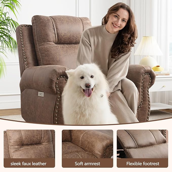 ANJ Electric Power Recliner Chair with USB Ports, Breathable Faux Leather Oversized Recliner with Comfortable Arms, Back and Headrest, Single Sofa for Living Room, Nut Brown