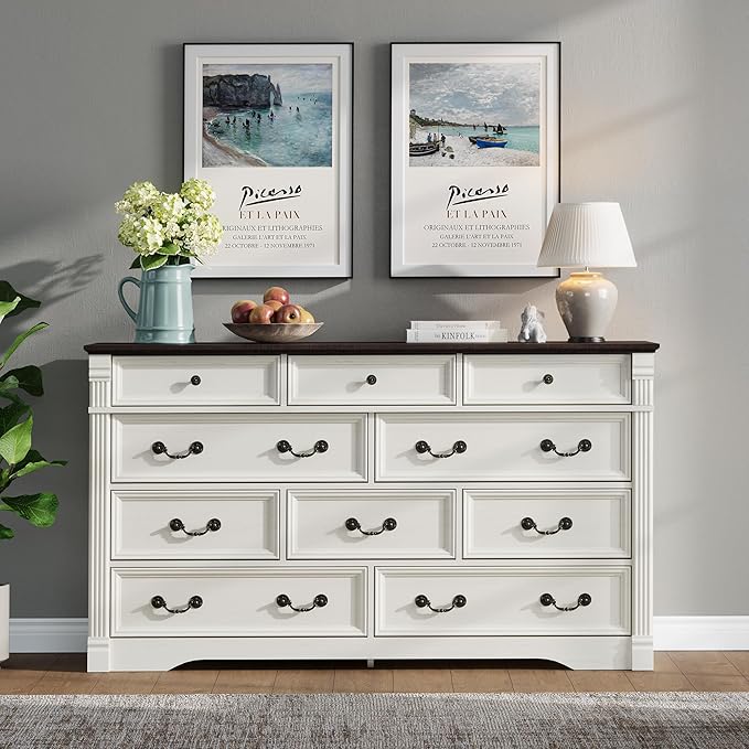 Yaamizz Farmhouse Dresser for Bedroom, 60" Wide 10 Drawer Dresser Storage with Wood Pilasters & Metal Handles, Vintage Design, Drawer Organizer for Bedroom, Hallway, White