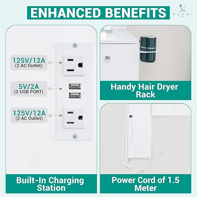 Naomi Home 46" Vera Vanity Set – Makeup Desk with Mirror, 11 LED Lights, Adjustable Brightness & 3 Lighting Modes – Includes Chair and 7 Storage Drawers