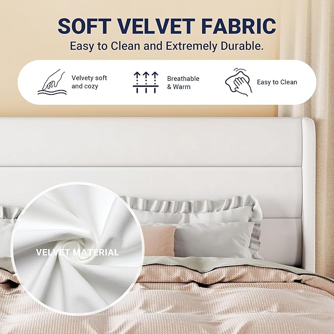 Allewie Full Size Platform Bed Frame with Velvet Upholstered Wingback Headboard, No Box Spring Needed, Under Bed Storage Space, Strong Wooden Slats, Modern Mattress Foundation, Easy Assembly, White