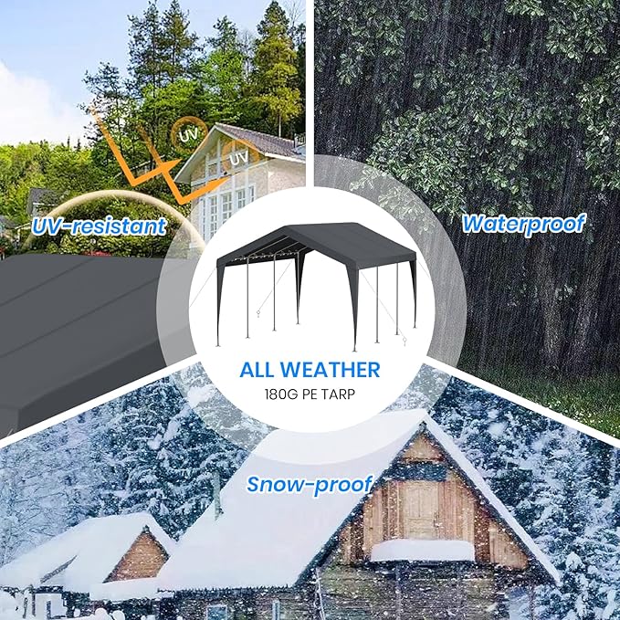 12x20 FT Heavy Duty Carport, Outdoor Portable Car Canopy Garage, Galvanized Steel Frame, UV-Resistant Waterproof PE Tarp Shelter for Vehicles, Boats, RVs, Driveway Carport, Gray