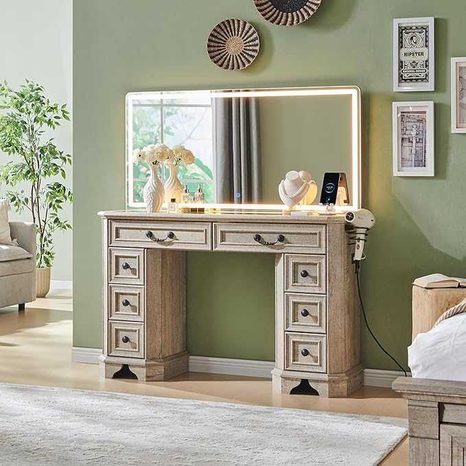 Vanity Desk with Mirror and Lights, 48'' LED Lights Farmhouse Makeup Vanity with 8 Drawers, Vanity Table with 3 Color Modes, Dressing Table with Glass Top and Power for Bedroom(Light Rustic Oak)