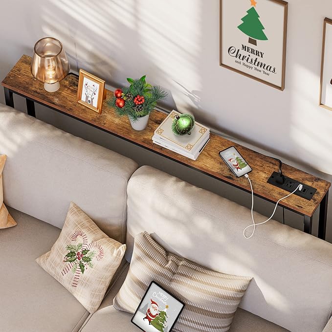HOOBRO 47.2" Narrow Console Table with Power Outlets, 5.9" Behind Couch Table with Charging Station, Long Sofa Table, Skinny Entryway Table for Living Room, Hallway, Foyer, Rustic Brown BF15XG01G1