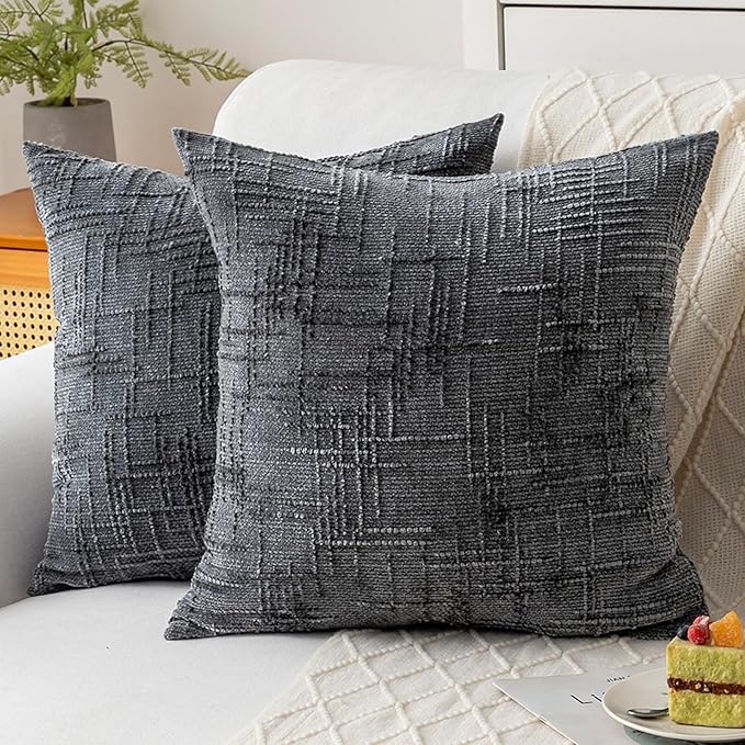 Decorative Throw Pillow Covers 16x16 Inch Set of 2, Soft Solid Farmhouse Chenille Couch Pillows, Spring Pillow Covers for Couch Sofa Bed Living Room Home Decor Pillowcase, Dark Gray