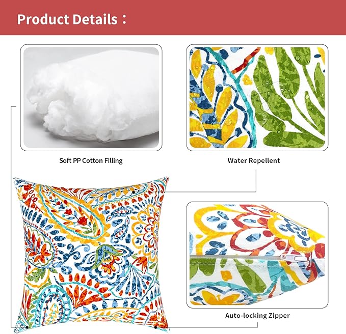 Outdoor Pillows for Patio Furniture 18x18 inch, Square Outdoor Throw Pillows with Inserts, Decorative Toss Pillows for Garden Couch Home Sofa Office Chair, Pack of 2, Paisley Multi