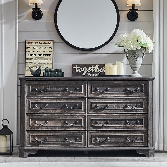 T4TREAM Farmhouse 8 Drawers Dresser for Bedroom, 54" Wide Wood Rustic Chest of Drawers with Natural Texture, Vintage Design, Storage Dressers Organizer for Bedroom, Living Room, Dark Rustic Oak