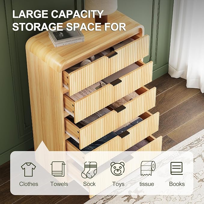 FURSUN Fluted 5 Drawers Dresser for Bedroom, 48" Tall Wooden Modern Dresser with Metal Handle, Curved Profile Design, Storage Organizer for Living Room, Hallway (Natural Oak)